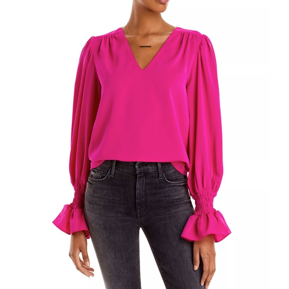 NEW AQUA Puff Sleeve V-Neck Blouse, Ruffled Cuffs, Hot Pink Fuchsia, Size Small